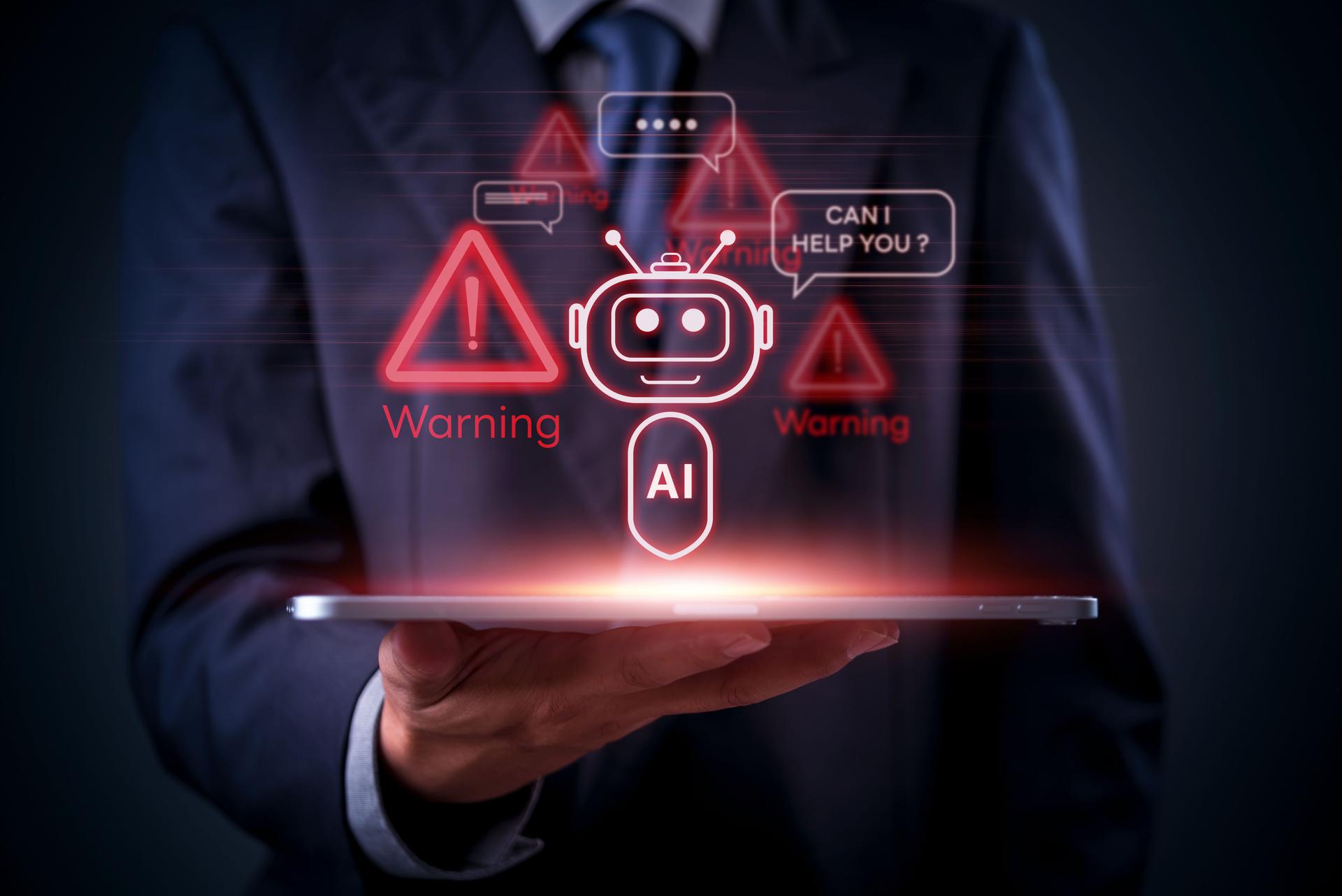 AI, technology, and cybersecurity warnings displayed as red holograms above a tablet in businessman hand, future chatbot. Robot assistant, danger alert, privacy breach, and hacker risk
